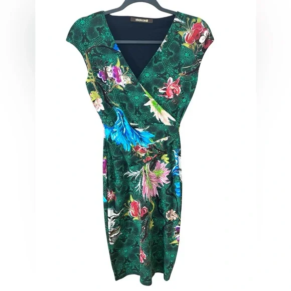 Roberto Cavalli Green Snake Print Floral Bodycon Dress IT 38 US XS 2 Stretch - Picture 2 of 13